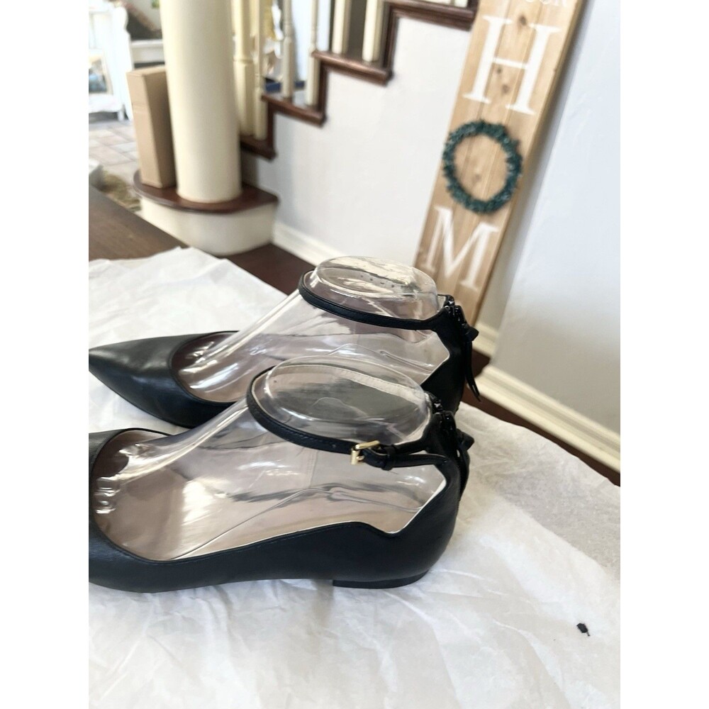 Cole Haan Black Pointed Leather Ankle Strap Flats - Picture 3 of 8